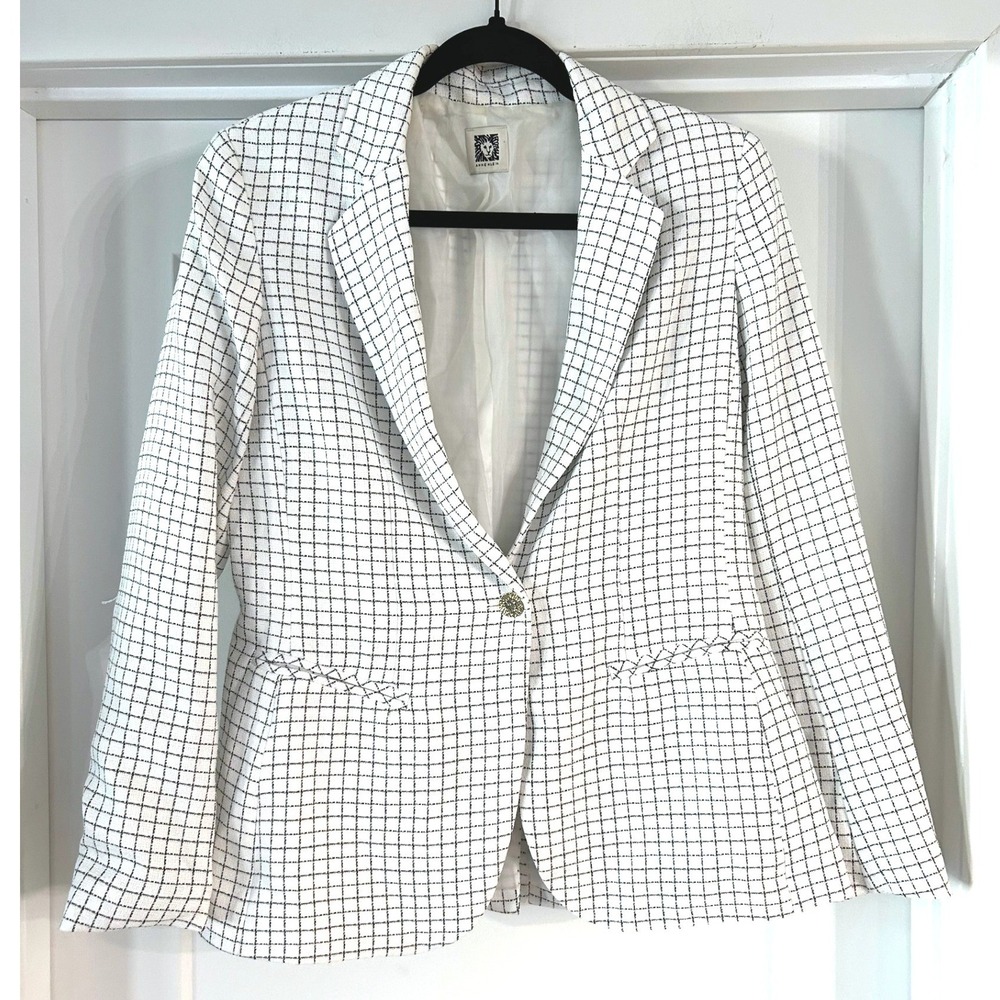 Anne Klein Womens White Black Grid Single Button Blazer Jacket Gold Button Lined
